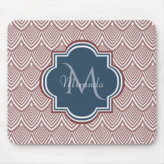 Dark Red Deco Scallops Navy Blue Monogram Name Muismat (Voorkant)