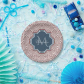 Dark Red Deco Scallops Navy Blue Monogram Name Papieren Bordje (Feest)