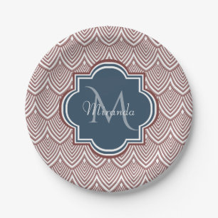 Dark Red Deco Scallops Navy Blue Monogram Name Papieren Bordje