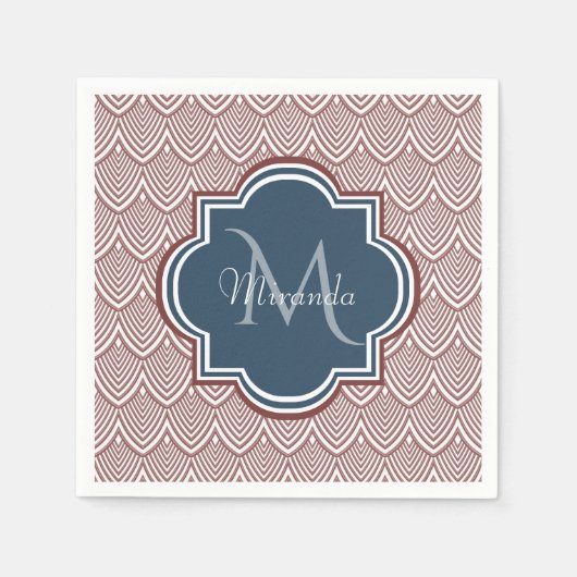 Dark Red Deco Scallops Navy Blue Monogram Name Servet (Voorkant)
