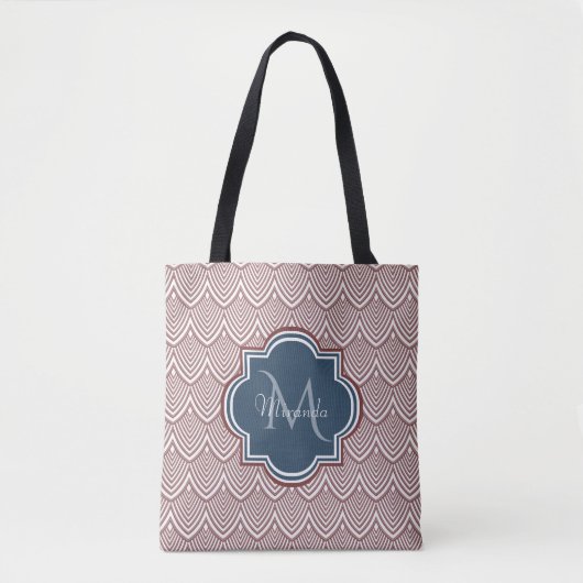 Dark Red Deco Scallops Navy Blue Monogram Name Tote Bag (Voorkant)