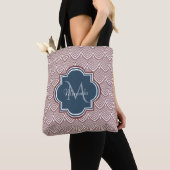 Dark Red Deco Scallops Navy Blue Monogram Name Tote Bag (Dichtbij)