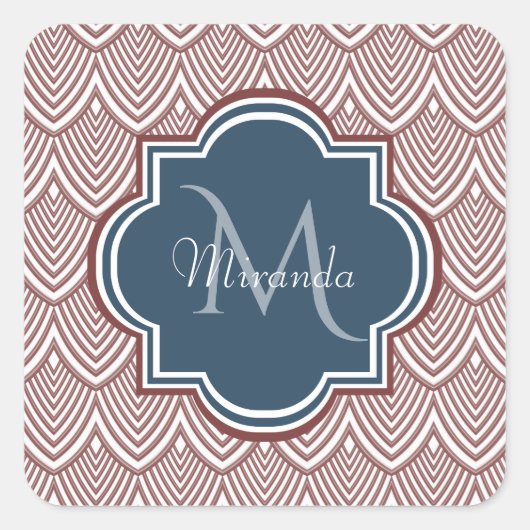 Dark Red Deco Scallops Navy Blue Monogram Name Vierkante Sticker (Voorkant)