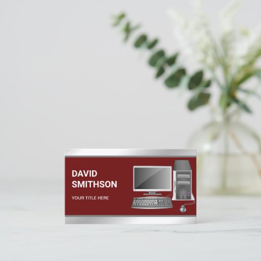Dark Red Desktop PC Computer Repair Technician Visitekaartje (Staand voorkant)