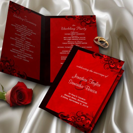 Dark Red Floral Gothic Wedding Program Sjablonen