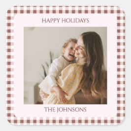 Dark Red Gingham Plaid Custom Photo Greeting Vierkante Sticker