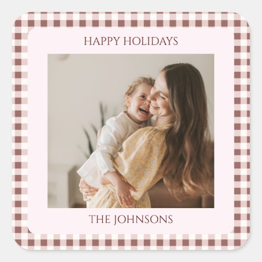 Dark Red Gingham Plaid Custom Photo Greeting Vierkante Sticker (Voorkant)