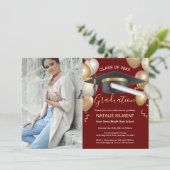 Dark Red Gold Afstuderen Pet GraduPartij Foto Kaart (Staand voorkant)