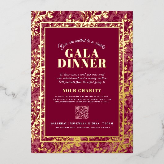 Dark red gold botanical pattern gala dinner event folie uitnodiging (Voorkant)