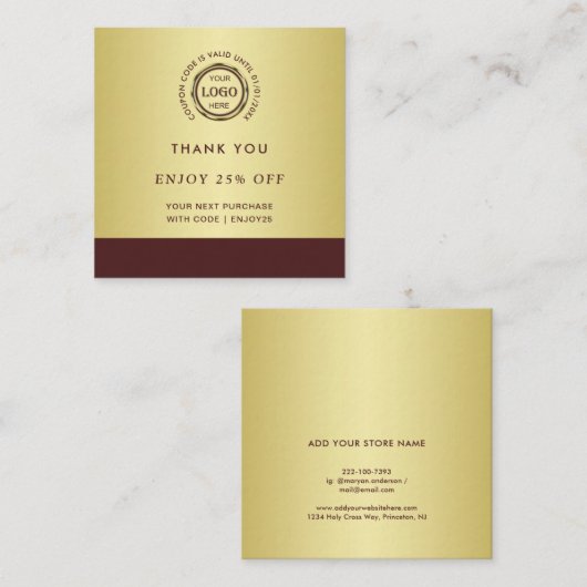 Dark-red gold design,Logo or Photo in gold circle, Kortingskaartje (Voorkant / Achterkant)
