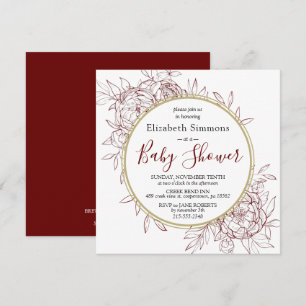 Dark Red & Gold Peony Floral Toile Baby shower Kaart