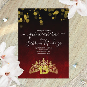 Dark Red, Gold Tiara Quinceanera Uitnodiging