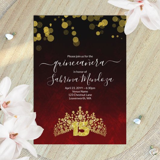 Dark Red, Gold Tiara Quinceanera Uitnodiging