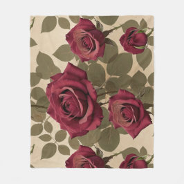 Dark Red Roses With Faded Green Leaves Fleece Deken