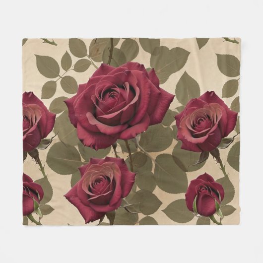 Dark Red Roses With Faded Green Leaves Fleece Deken (Voorkant (Horizontaal))