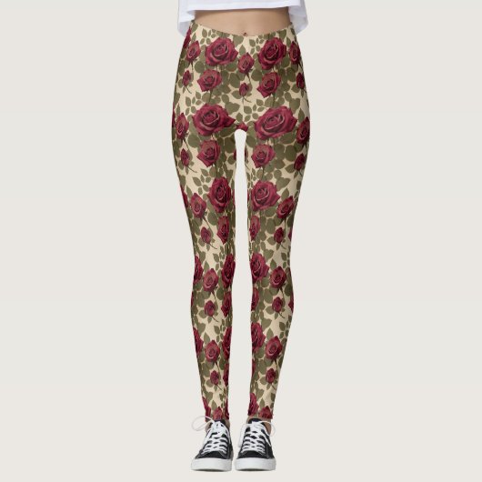 Dark Red Roses With Faded Green Leaves Leggings (Voorkant)
