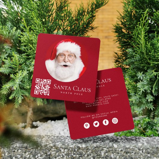 Dark Red Santa North Pole Custom Photo QR Code  Vierkante Visitekaartje