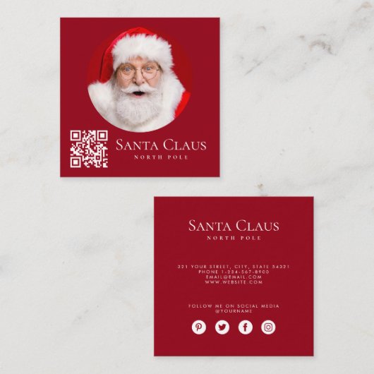 Dark Red Santa North Pole Custom Photo QR Code  Vierkante Visitekaartje (Voorkant / Achterkant)
