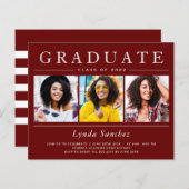 Dark Red Stripes 3 Photo Graduation Invitations (Voorkant / Achterkant)