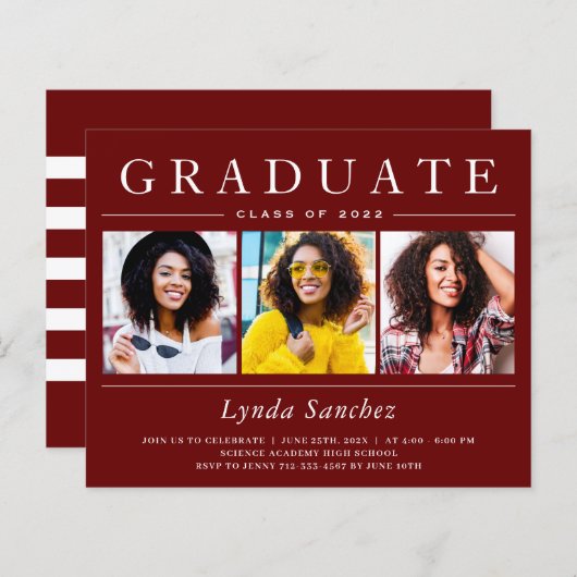 Dark Red Stripes 3 Photo Graduation Invitations (Voorkant / Achterkant)