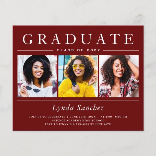 Dark Red Stripes 3 Photo Graduation Invitations (Voorkant)