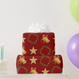 Dark Red Wrapping Paper w Gold Bells, Stars Wreath Cadeaupapier
