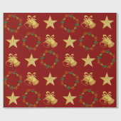 Dark Red Wrapping Paper w Gold Bells, Stars Wreath Cadeaupapier (Vlak)