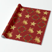 Dark Red Wrapping Paper w Gold Bells, Stars Wreath Cadeaupapier (Uitgerold)