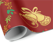 Dark Red Wrapping Paper w Gold Bells, Stars Wreath Cadeaupapier (Rol Hoek)