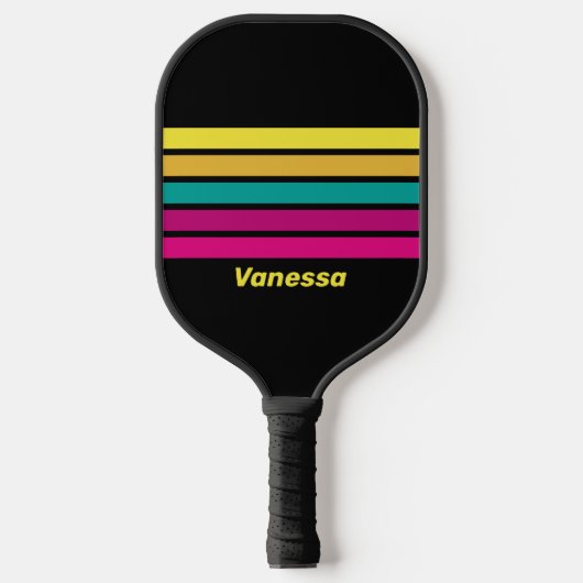 Dark Retro Across Striping 80s met naam Pickleball Paddle (Voorkant)