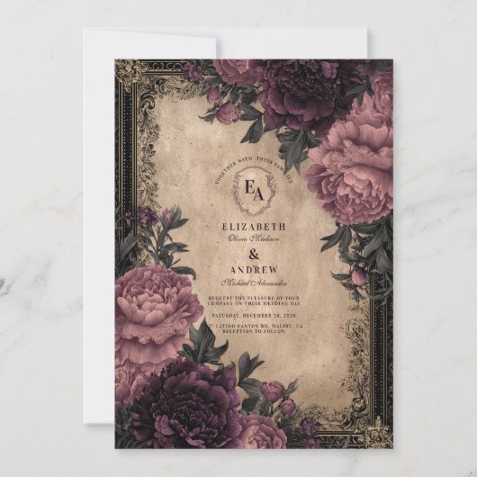 Dark Romance Plum Peony Wedding Kaart (Voorkant)
