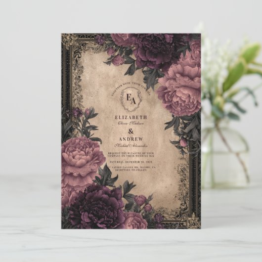 Dark Romance Plum Peony Wedding Kaart (Staand voorkant)