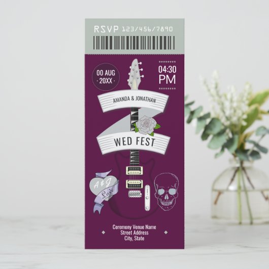 Dark Romance Rock ’n’ Roll Wedding Ticket Kaart (Staand voorkant)