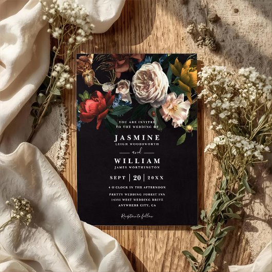 Dark Romantic Floral Dutch Chic QR Code Wedding Kaart