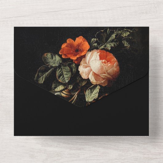 Dark Romantic Floral Rozen Dutch Master Wedding All In One Uitnodiging (Achterkant)