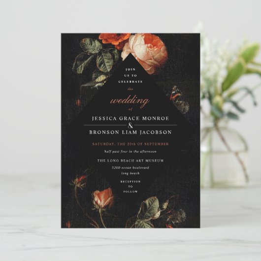 Dark Romantic Floral Rozen Dutch Master Wedding Kaart (Staand voorkant)