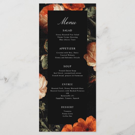 Dark Romantic Floral Rozen Dutch Master Wedding Menu (Voorkant)