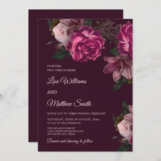 Dark Romantic Hand Drawn Roses Wedding Kaart (Voorkant / Achterkant)