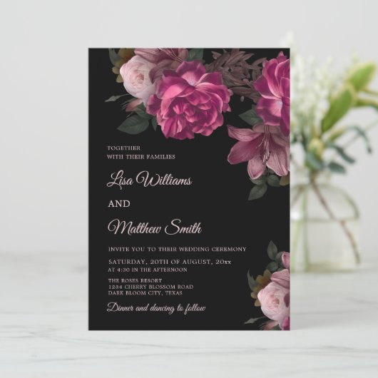 Dark Romantic Hand Drawn Roses Wedding Kaart (Staand voorkant)