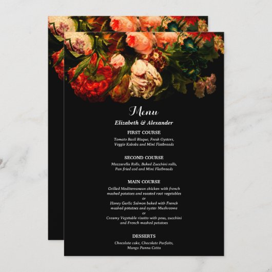 Dark romantic moody elegant floral wedding menu (Voorkant / Achterkant)
