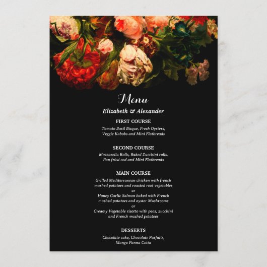 Dark romantic moody elegant floral wedding menu (Voorkant)