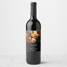 Dark romantic moody elegant floral wedding wijn etiket