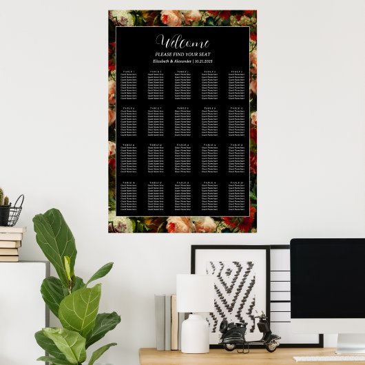 Dark romantic moody elegant wedding seating chart poster (Thuiskantoor)
