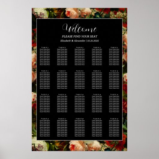 Dark romantic moody elegant wedding seating chart poster (Voorkant)