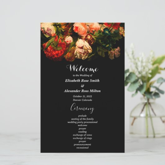 Dark romantic moody pretty floral wedding program (Staand voorkant)
