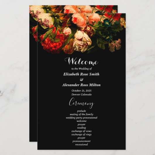 Dark romantic moody pretty floral wedding program (Voorkant / Achterkant)