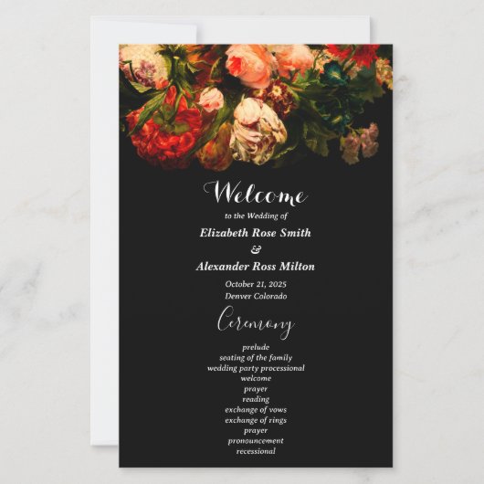 Dark romantic moody pretty floral wedding program (Voorkant)