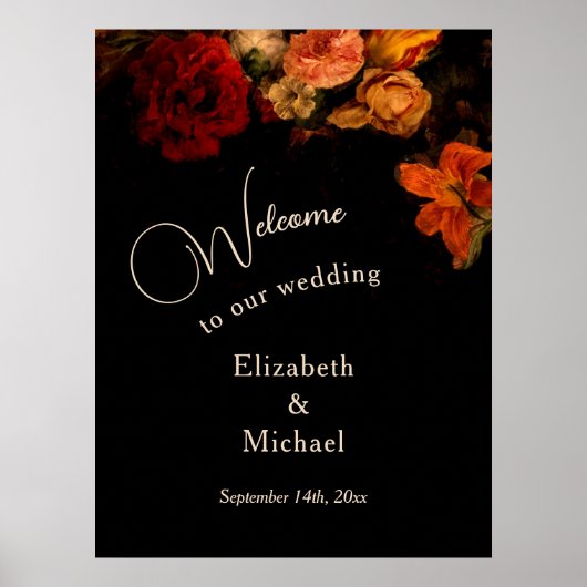 Dark Romantic Painted Flowers Wedding Welcome Poster (Voorkant)