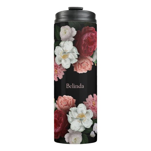 Dark Roses Black Background Name Monogram   Thermosbeker (Voorkant)
