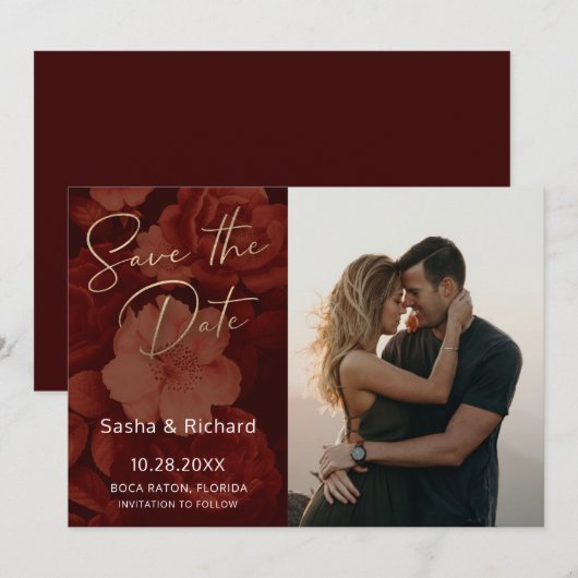 Dark Ruby Florals Save The Date (Voorkant / Achterkant)